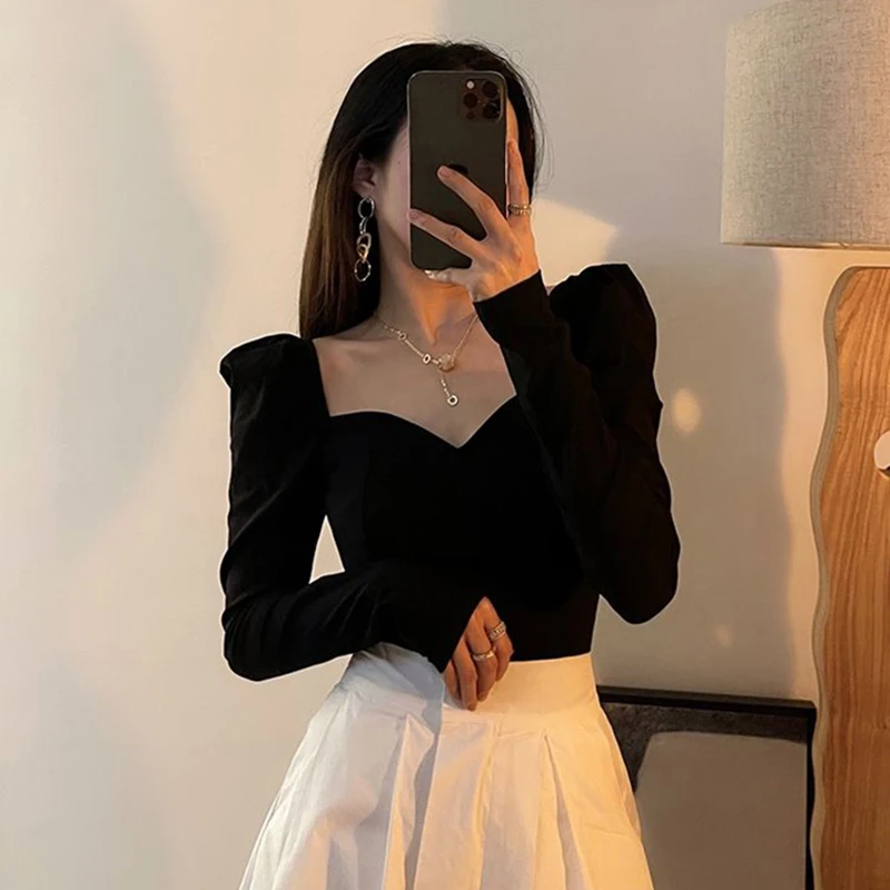 Vintage Elegant Shirts Women Puff Sleeve Square Collar Blouses Office Lady Korean Autumn Black Chic Slim Casual All Match Tops