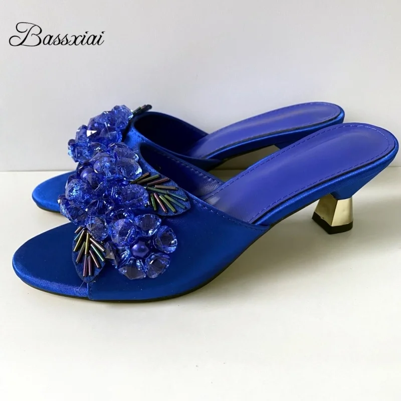 

Handmade Flower Decor Summer Mules For Girls Unique Rivet Heel Luxury Silk Blue Slingbacks Sim Women Sandals