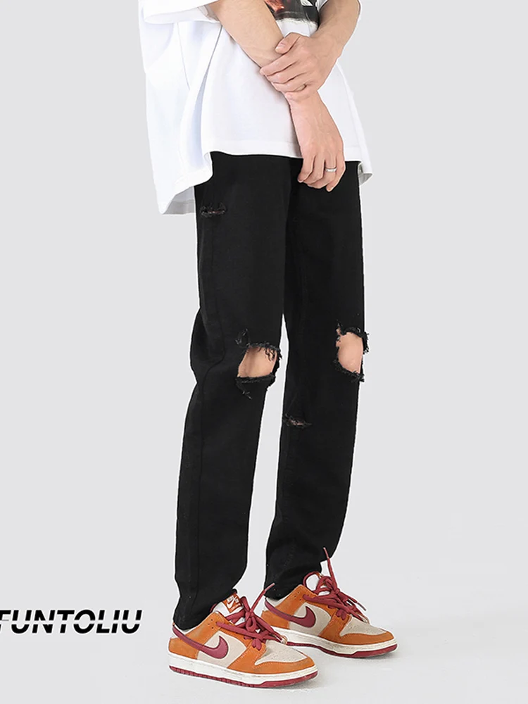 

Мужские джинсы Slim Fit из рваного денима, летние, тонкие, в стиле High Street, прямые, на молнии, со средней высотой талии, длинные брюки