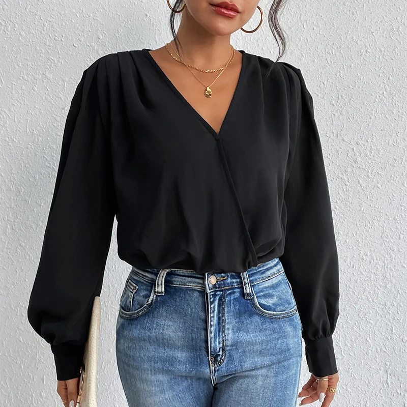 Benuynffy أسود الخامس الرقبة فانوس كم ارتداءها النساء 2025 الخريف موضة جديدة مكتب سيدة عالية الخصر قطعة واحدة Bodys امرأة علوية