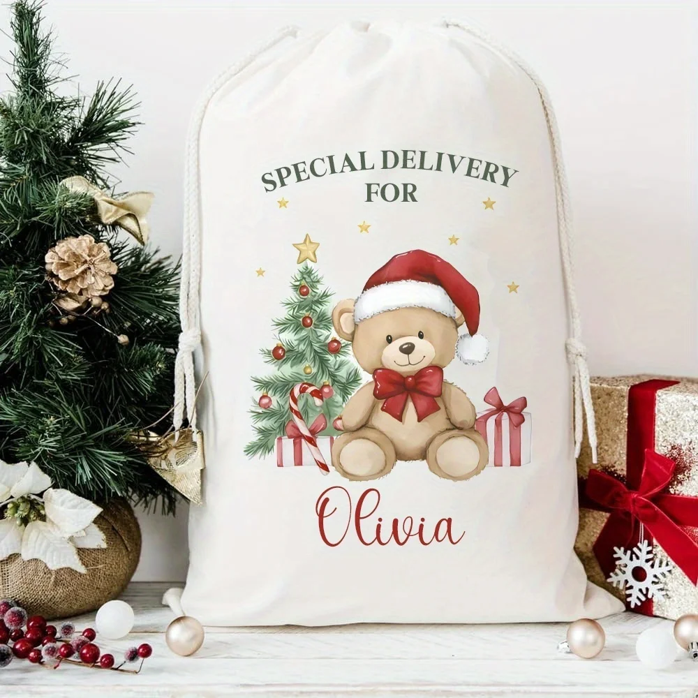 1Pc Customized Name/Text Christmas Imitation Hemp Gift Bags, Extra-Large Drawstring Bag,Party Gift Candy Bags, Christmas Gift