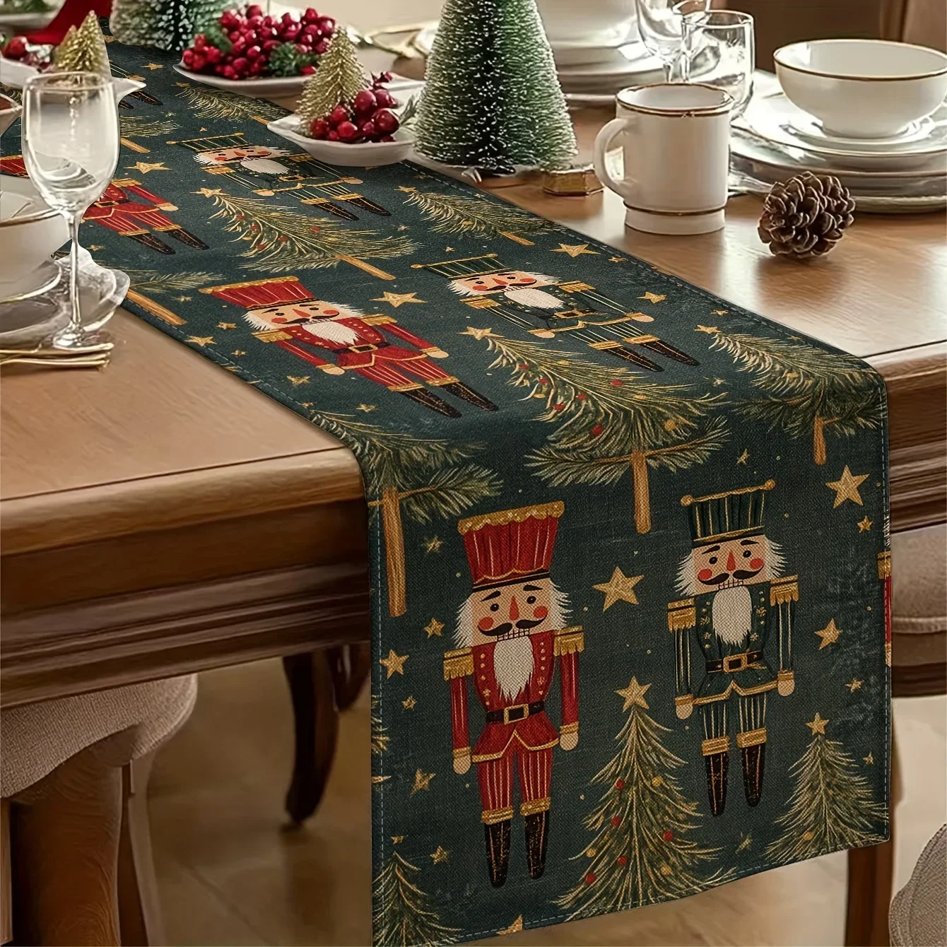 Soldier pattern linen eco-friendly table runner, Christmas tree and star design, dirt-resistant New Year daily party decoration
