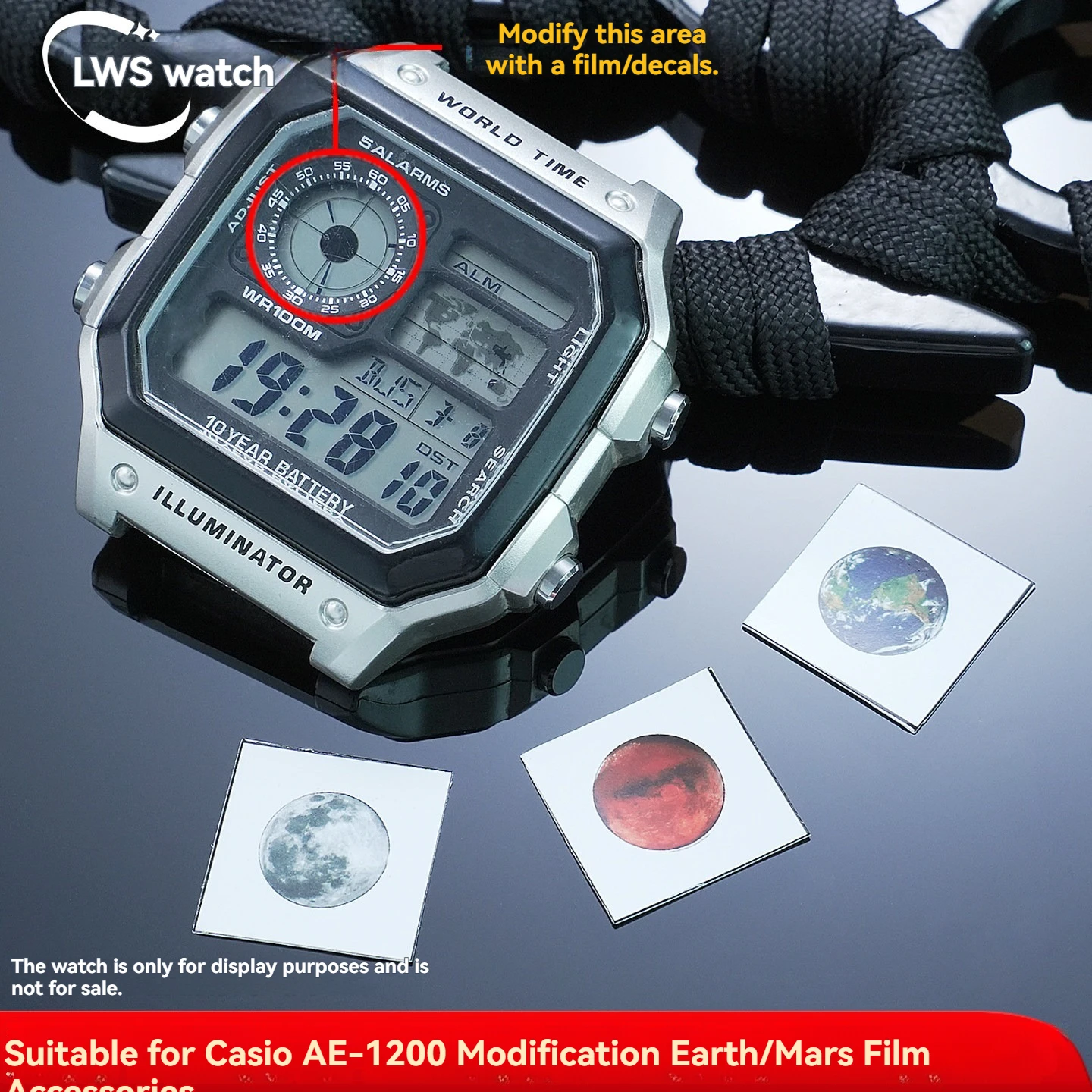 For Casio AE-1200 Square Watch: Planet Series Custom Stickers—Creative Earth, Moon, and Mars-Themed Dial Decals
