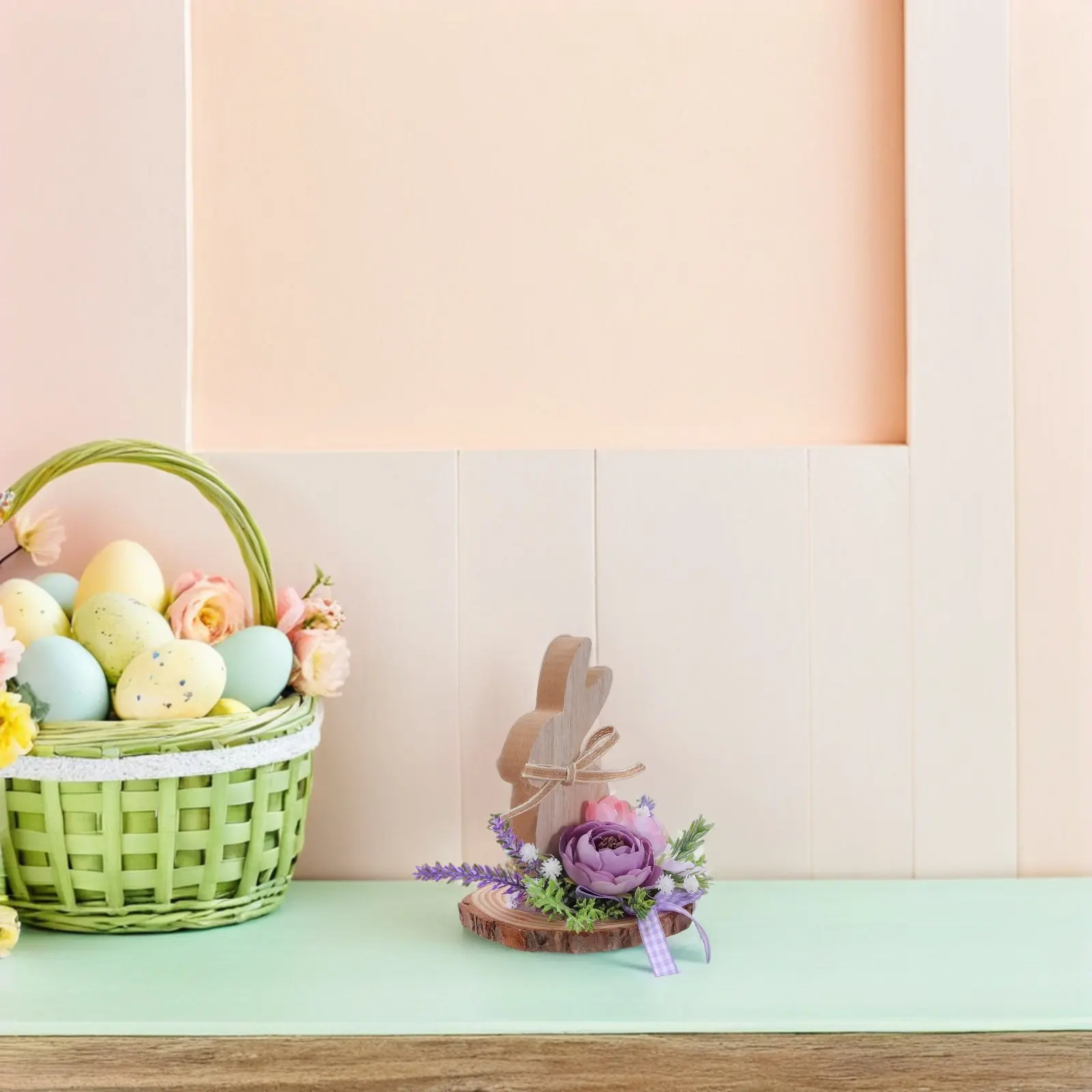 Wooden Easter Bunny Table Centerpiece Statue Spring Farmhouse Decor with Realistic Flowers for Indoor Outdoor Kitchen Living