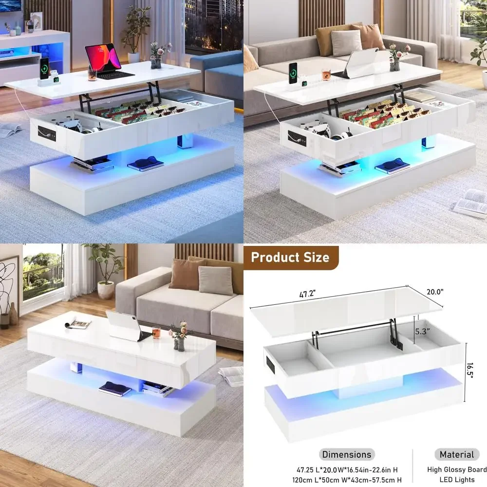 Mesa de centro moderna de color blanco brillante con LED, cajón de almacenamiento y tapa elevable para sala de estar