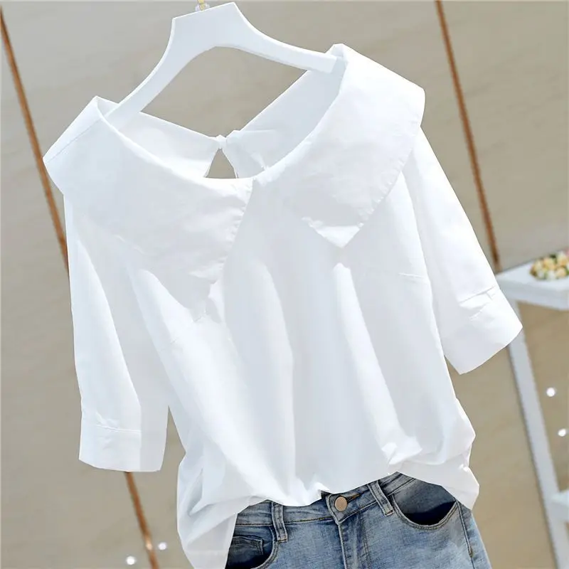 95% Cotton T Shirt Women Summer Korean Temperament Short-sleeved T-shirt Fashion Loose Doll Collar All-match Women\'s Tops Trend