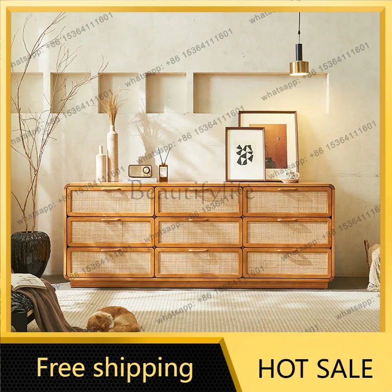 FG wabi-sabi wind solid wood rattan cherry color drawer storage locker Japanese-style entrance cabinet