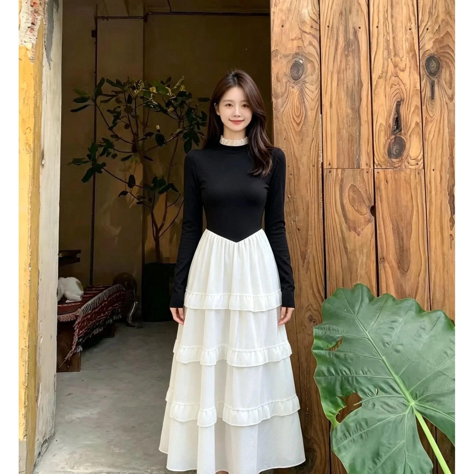Korean Style Color Block Long Sleeve Fake Two-Piece Dress with Wood Grain Ruffle And Lace  High Waist A-Line Skirt