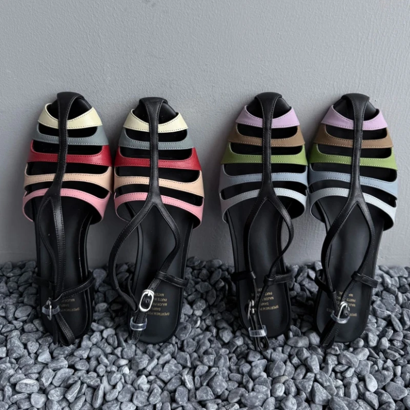 Unique Mixed Color Hollow Narrow Band Gladiator Sandals Women Fashion Round Toe Wedges Slingback Heels Street Style Casual Shoes