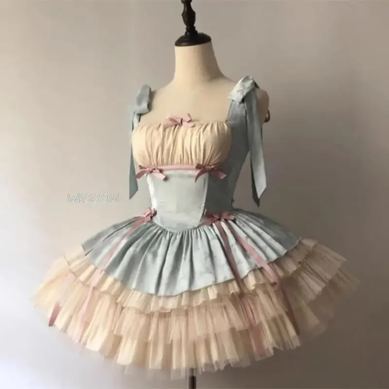 Vestido japonés de Lolita Jsk para mujer, Mini vestido de princesa de fiesta con lazo Vintage, estilo de Ballet Kawaii, malla Y2k