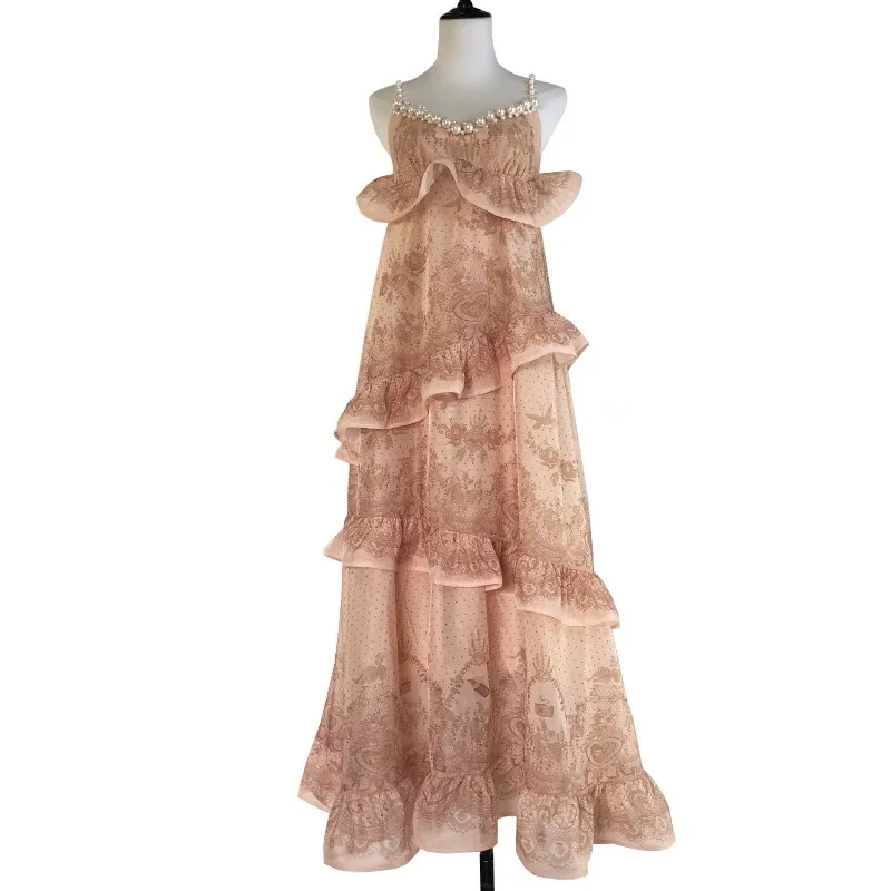 Sommer langer Rock Par Vaion Fairy Sle Pearl Embellied Svel Damen A-Linie Midi Dr mit Spitzenbesatz V-Ne