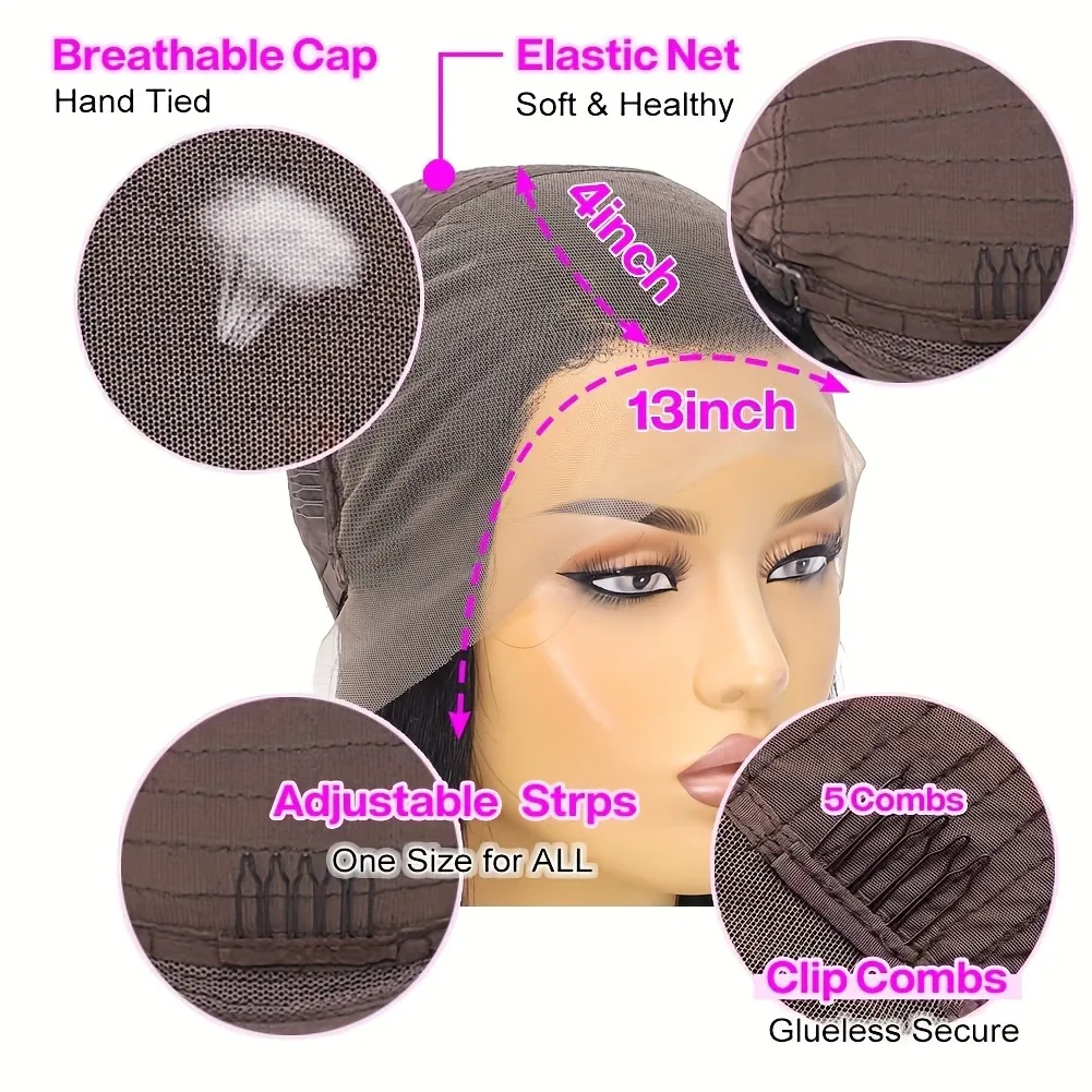 دانتيل أمامي 13 × 4 - تغطية كاملة مقطوعة مسبقًا ومقطوعة مسبقًا، نسيج ياكي مستقيم، قاعدة بنية طبيعية وبني فاتح