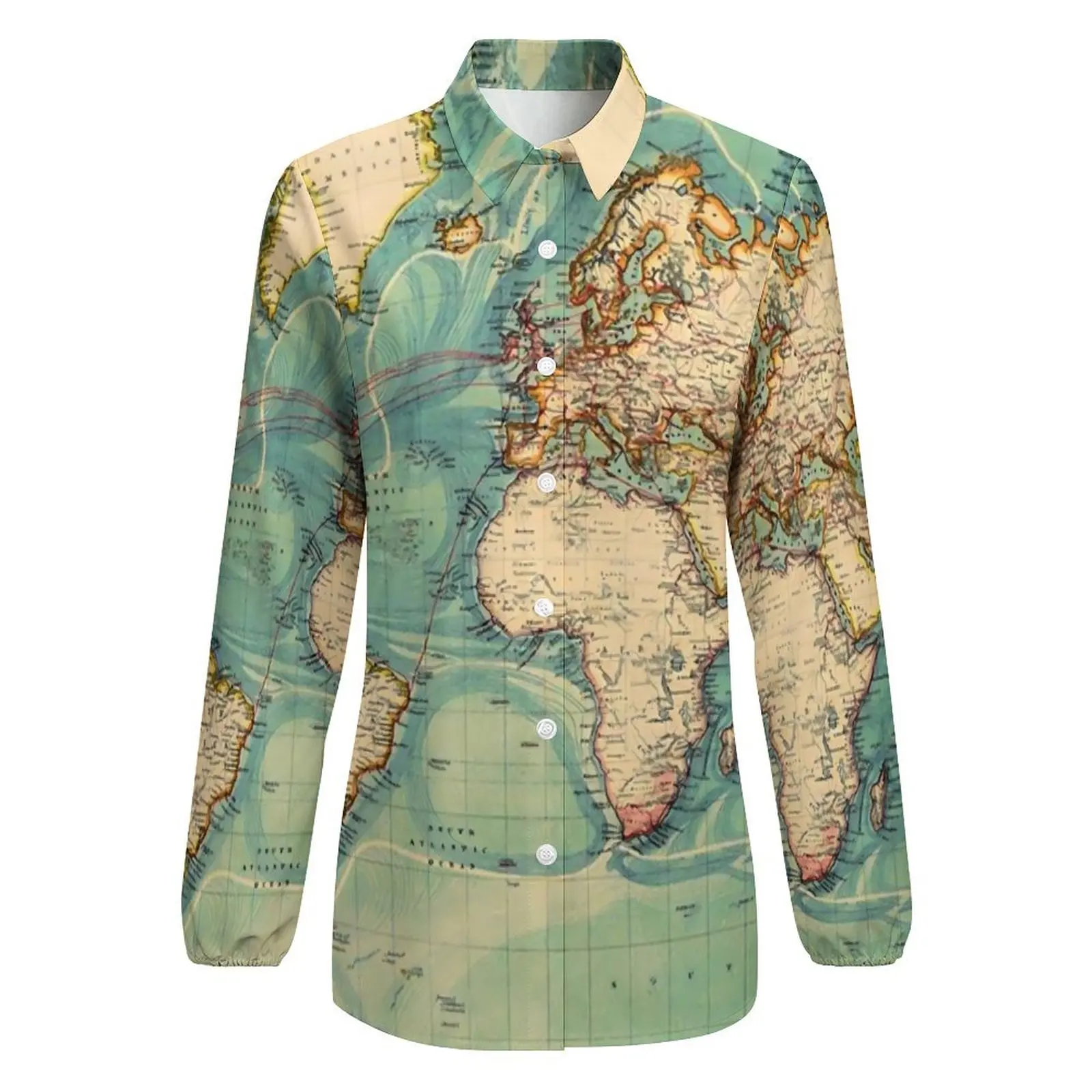 World Map Loose Blouse Vintage Map of The World 1883 Fashion Oversized Blouses Womens Long-Sleeve Retro Shirt Spring Design Top