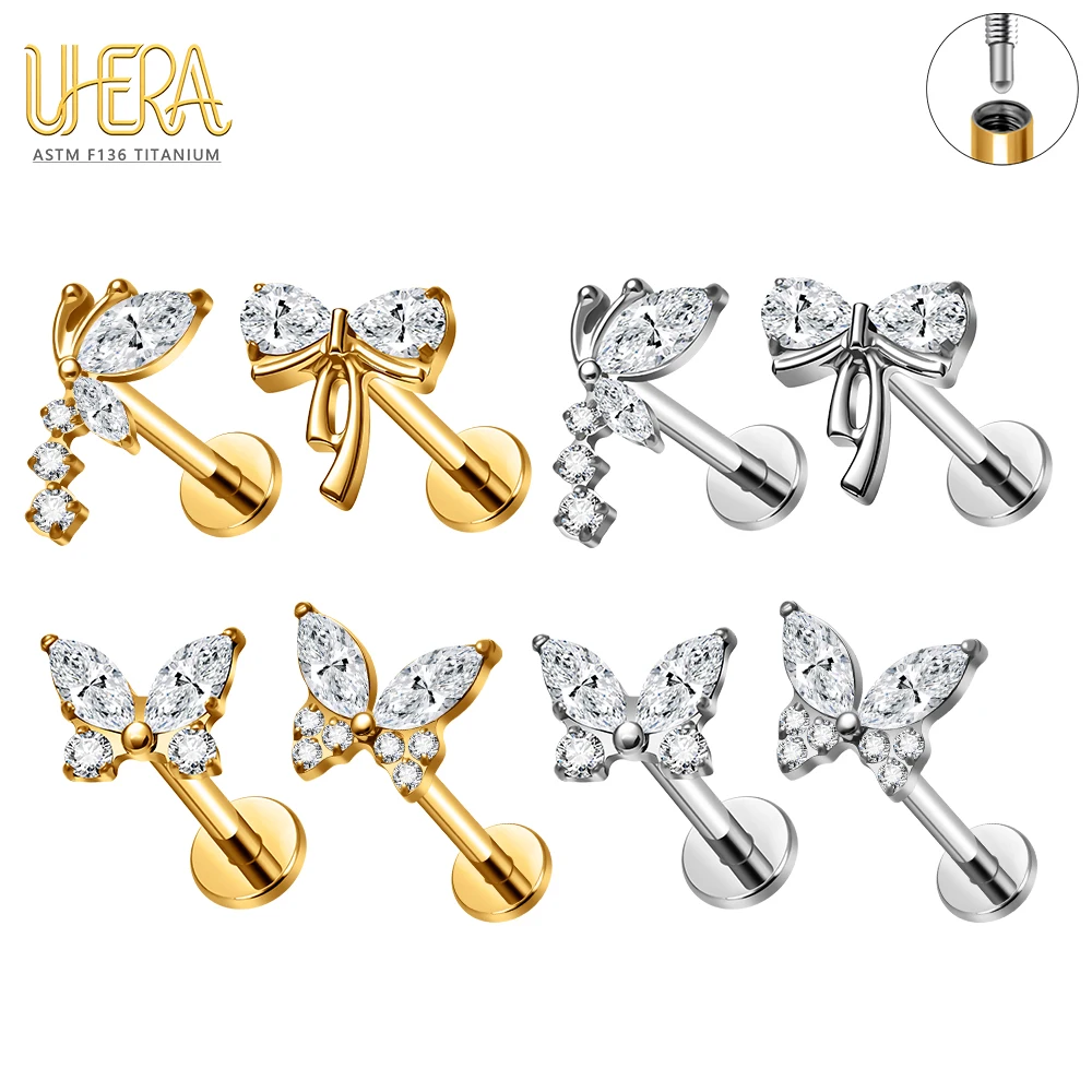G23 ASTM F136 Titanium Internal Thread Labret Stud Butterfly 16/18G CZ Flat Back Cartilage Tragus Helix Ear Piercing Body Jewelr