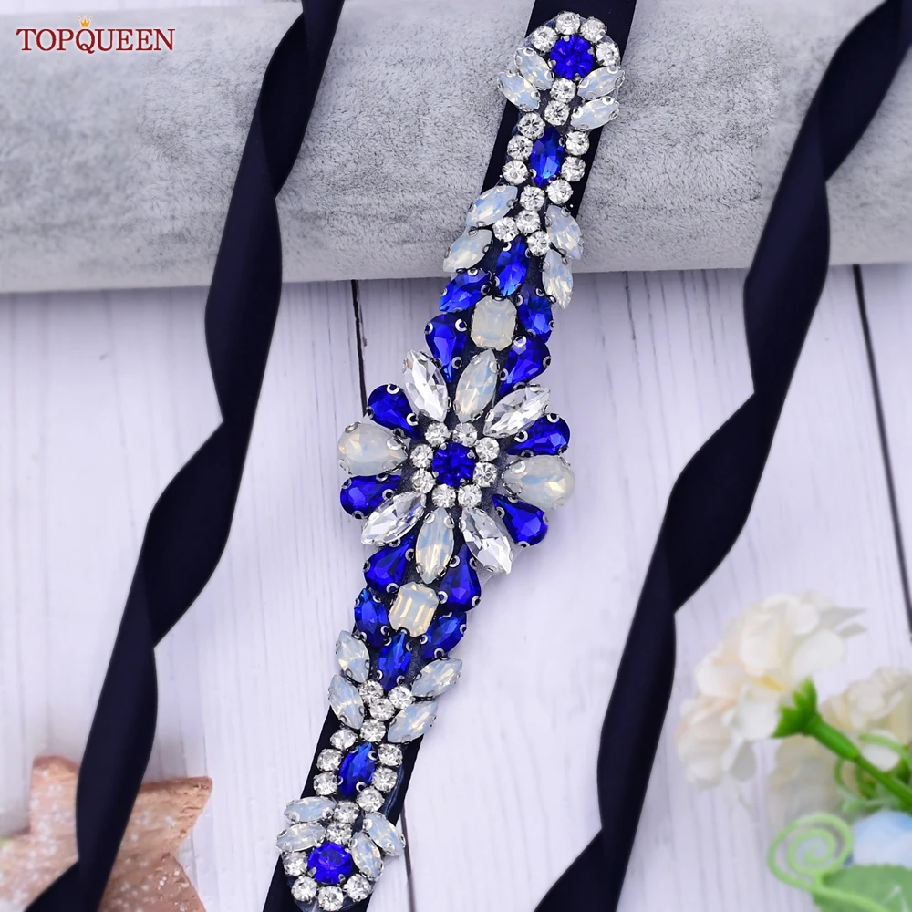 

TOPQUEEN Bridal Belt with Royal Blue Rhinestones Wedding Jewelry Party Evening Dress Decoration for Women Girlfriend Gift S424