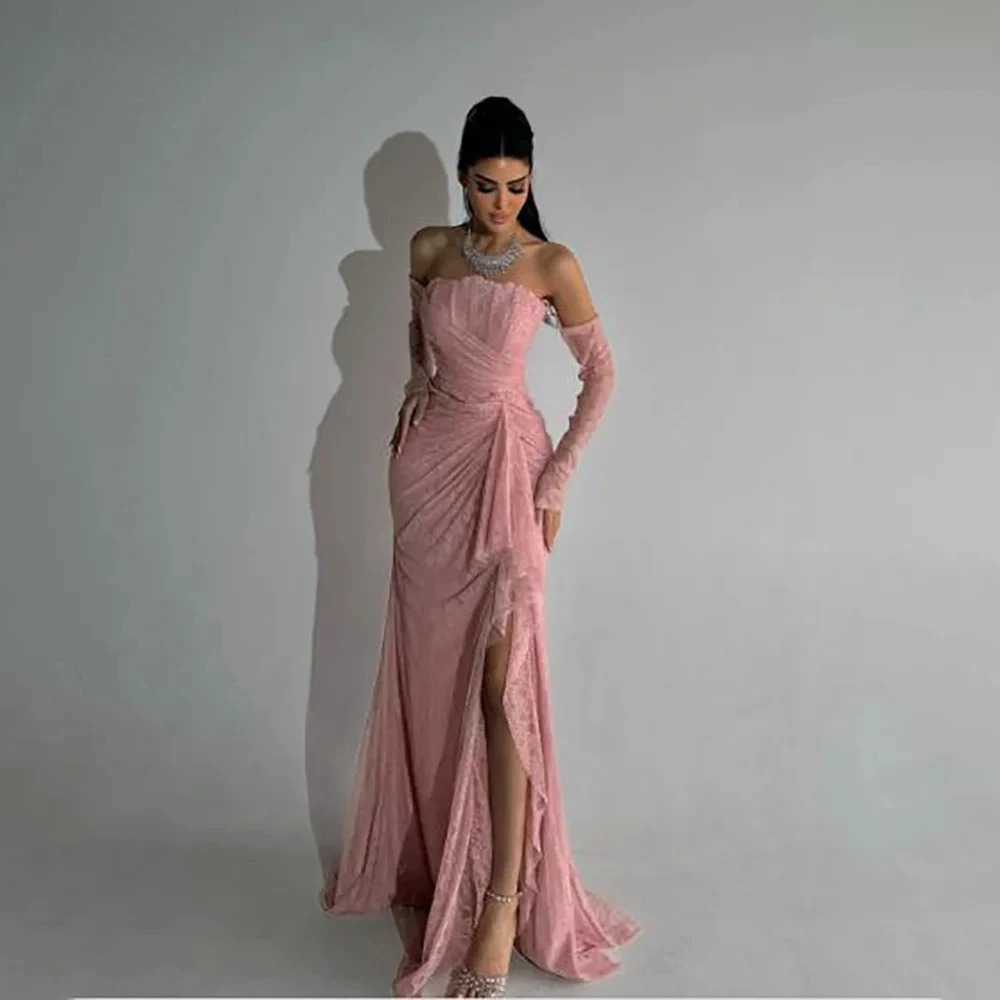 

Customized Lace Evening Dresses Slit Long Sleeve Floor Length Mermaid Prom Dress Pleats Illsion Arabia Party Gowns for Women