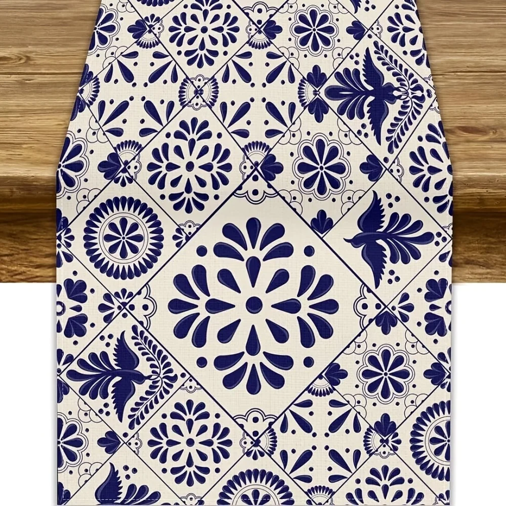 1 Stück, traditioneller mexikanischer Tischläufer, Tischläufer im Talavera-Stil, beigefarbener mexikanischer Blumen-Vogel-Druck