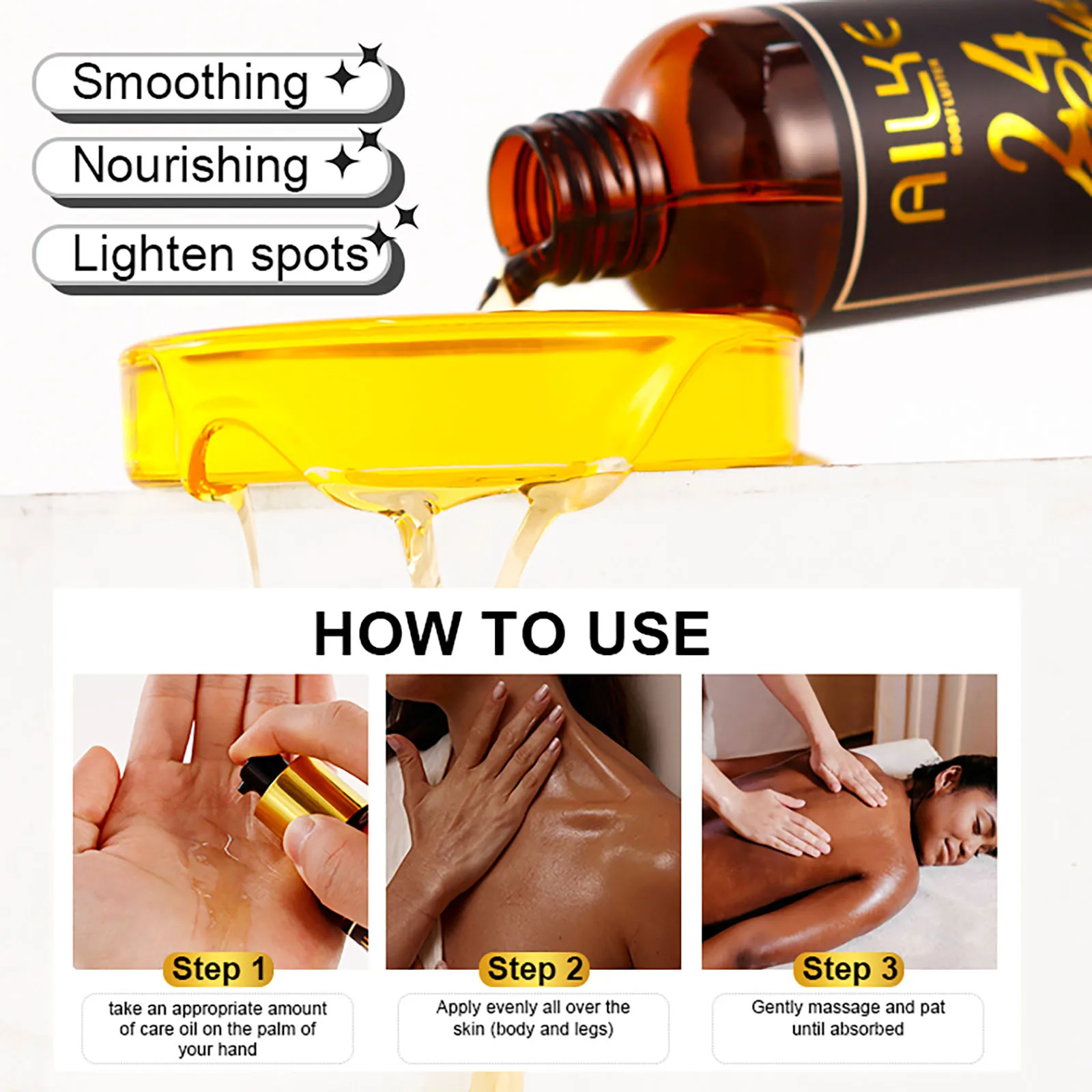 Zdjęcie 6: AILKE 24K Gold Flawlessly Body Oil, naturalny olejek roślinny dla kobiet, nawilżacz do skóry, redukcja przebarwień, wygładzanie, odżywianie, 200ml