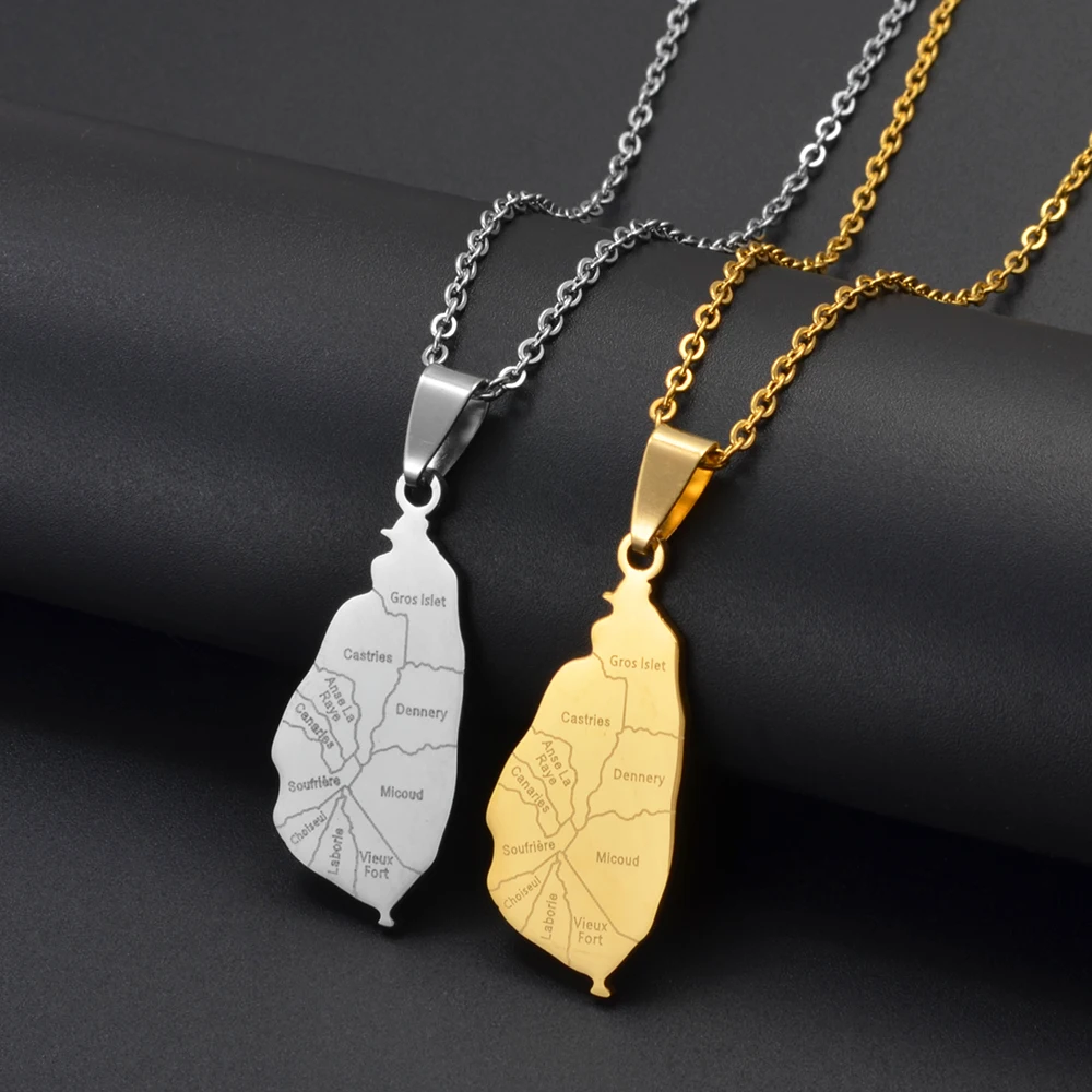 Anniyo Stainless Steel Saint Lucia Map With City Pendant Necklaces for Women Girl Jewelry St. Lucia Chains Jewelry #324121