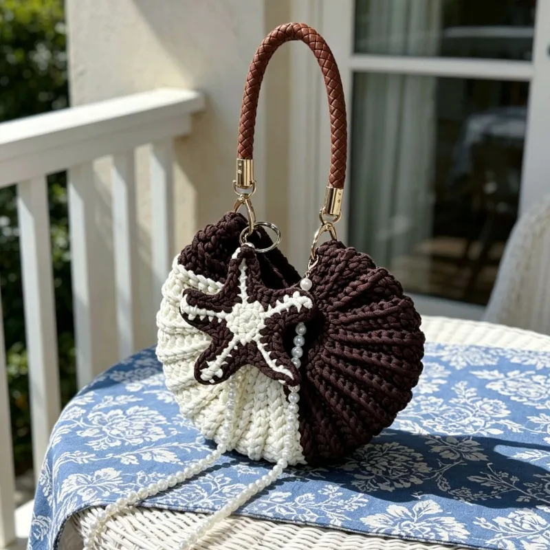 Fashionable Handmade Crochet Conch HandBag Summer Seaside Holiday Trip Beach Bag Contrasting Colors Pearls Chain Crossbody Bag