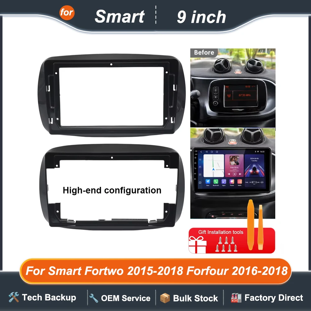 For Smart Fortwo 2015-2018 Forfour 2016-2018 9 Inch Radio Fascia Dash Panel with Harness and CANBUS Options