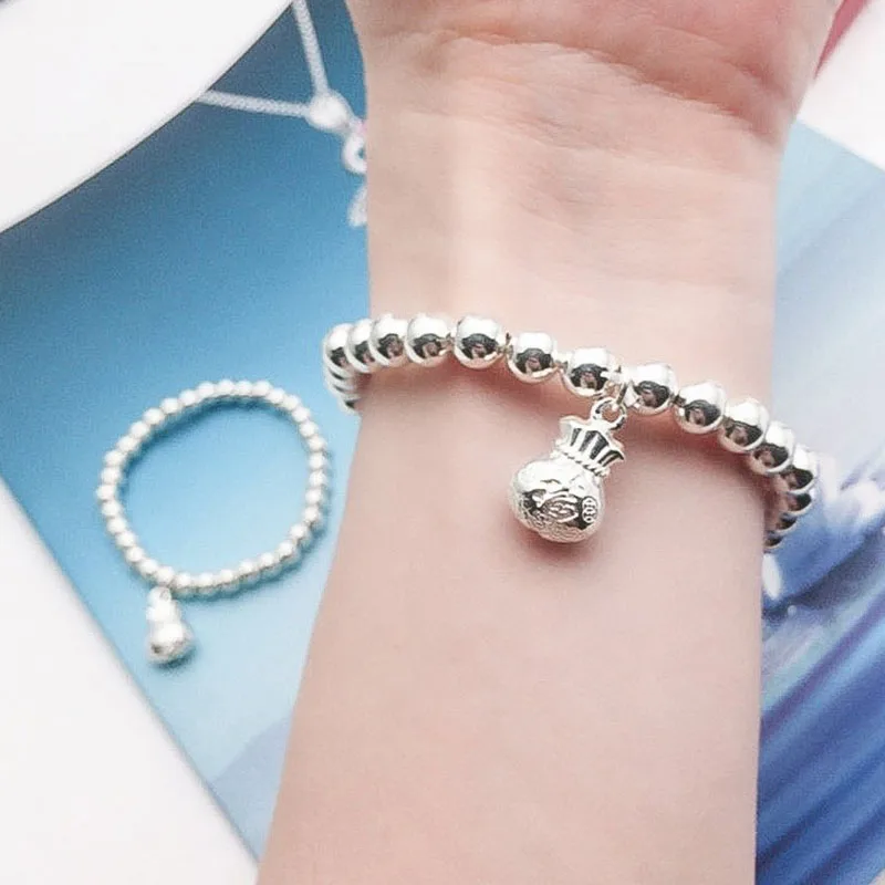 S925 Sterling Silver Round Bead Bracelet Female Minority Design Light Bead Elastic Bracelet Versatile Birthday Gift