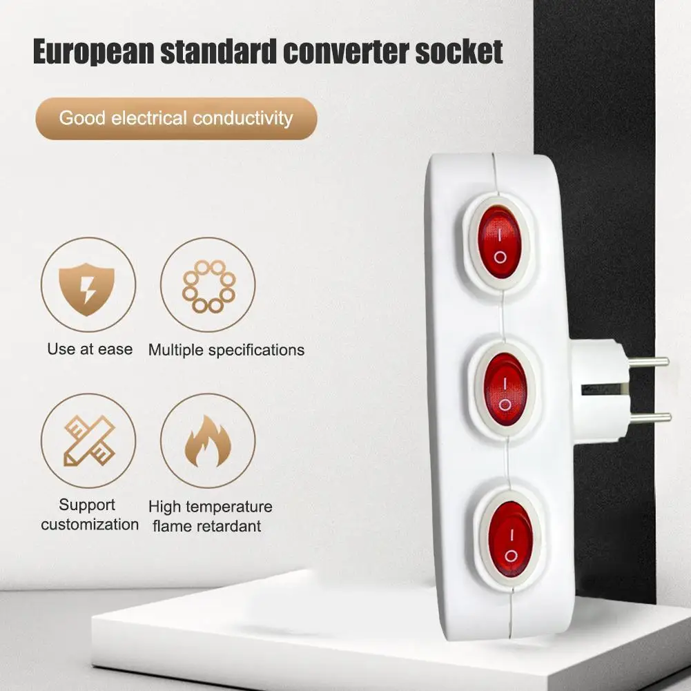EU Extend Socket With ON/OFF Switch 16A 250V Independent Switch European Style German Style Three-outlet Extension Socket