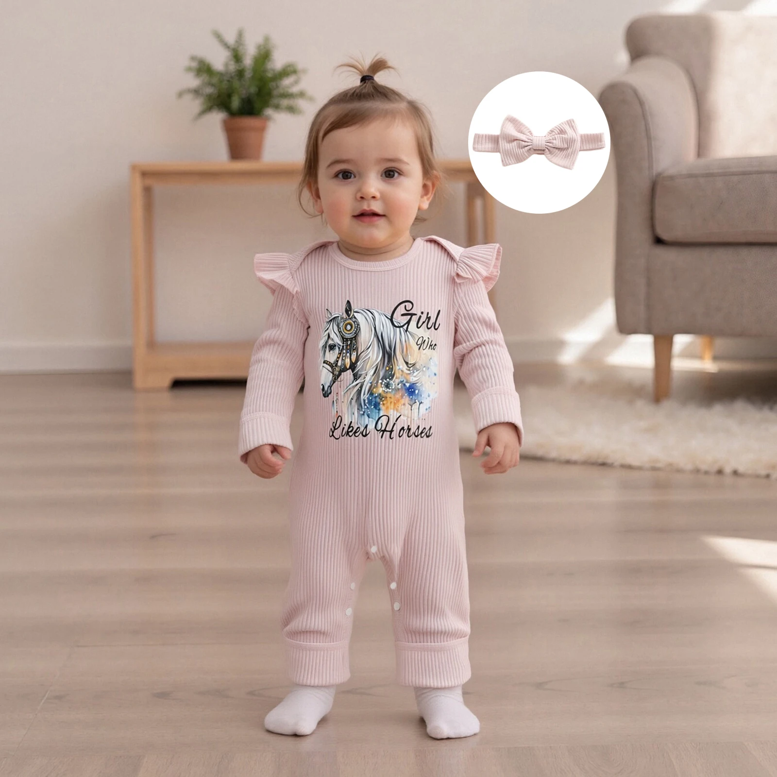 بدلة رومبير كاجوال للخريف للفتيات الصغيرات بأكمام طويلة ورقبة دائرية وطبعة حصان مع عصابة رأس