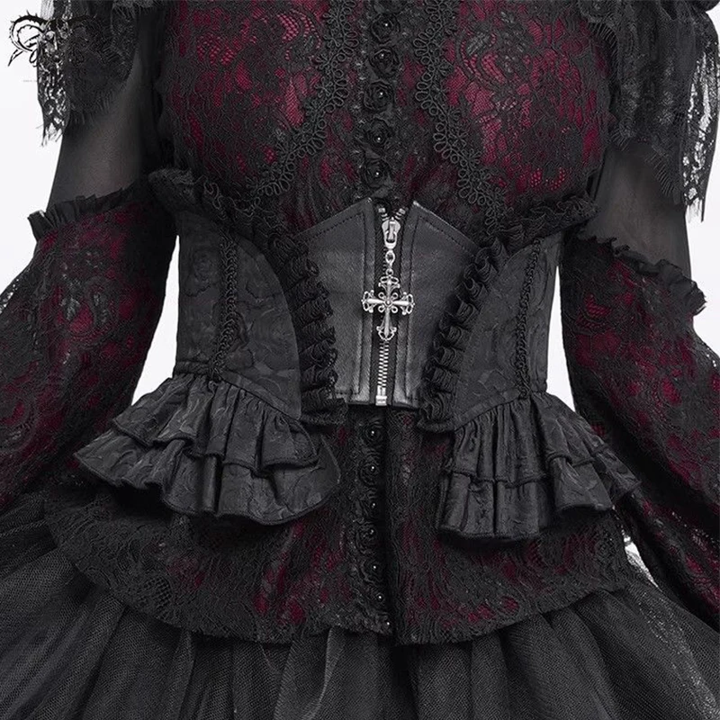 Halloween Medieval Goth Dark Bodycon Slim Lolita Waistband Cosplay Gothic Retro Cross Lace Ruched Strap Waist Cover Accessory