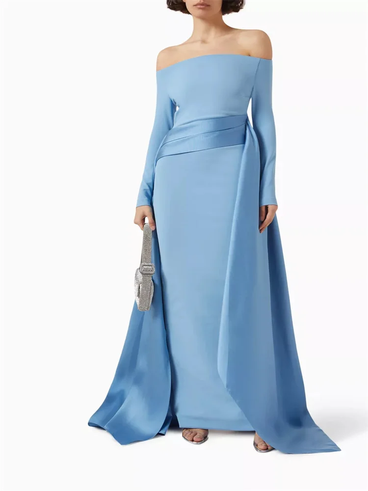 Hot Selling Boat Neckline Long Sleeves Crepe Straight Evening Dress Back Zipper Floor Length Draped Side Panels Gowns For Women