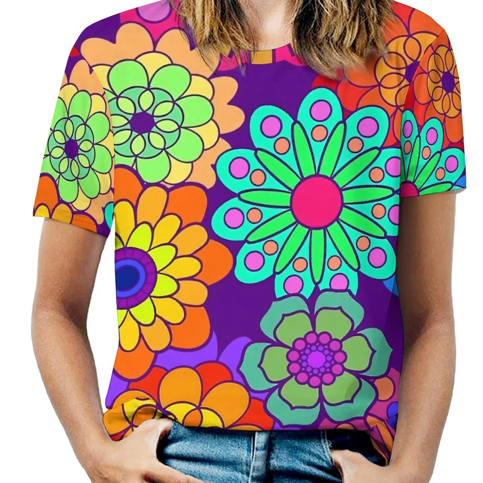 Camiseta Retro Flower Power con cuello redondo, camisetas de gran tamaño con flores hippy, ropa de calle de manga corta, ropa bonita de verano para mujer