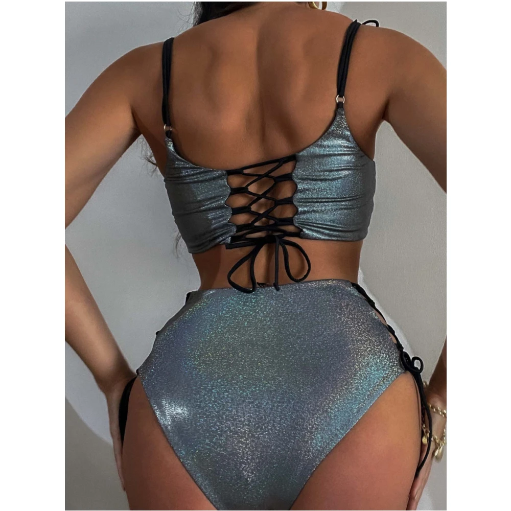 2023 New Women Shiny Metallic Dance Party Clubwear Sleeveless Crop Bra Top Shorts Panties 2 Piece Outfits Pole Dancing Costumes