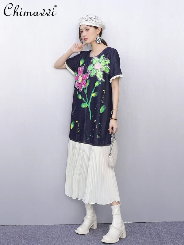 2025 ฤดูร้อนเสื้อผ้าชุดสตรีใหม่แฟชั่นหลวมขนาดใหญ่อุตสาหกรรมหนักลูกปัดเย็บปักถักร้อยElegantความยาวกลางเสื้อยืดชุด