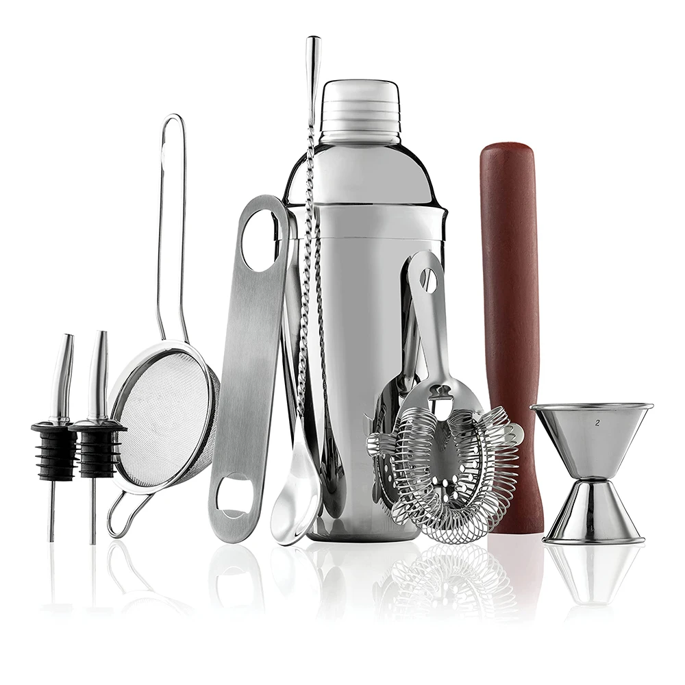 10-Piece Cocktail Shaker Set Stainless Steel Shaker Set Bartender Kit Strainer Muddler Jigger Bar Spoon Bottle Opener Bar Set