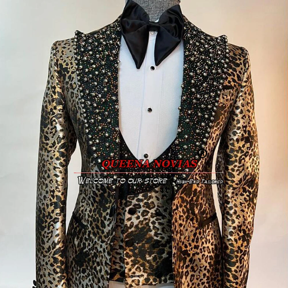 Homens de ouro-preto leopardo impressão ternos de casamento, noivo Blazers conjuntos, jaqueta, colete, calças, sking masculino formal, Bespoke Banqet, baile, 3 pcs