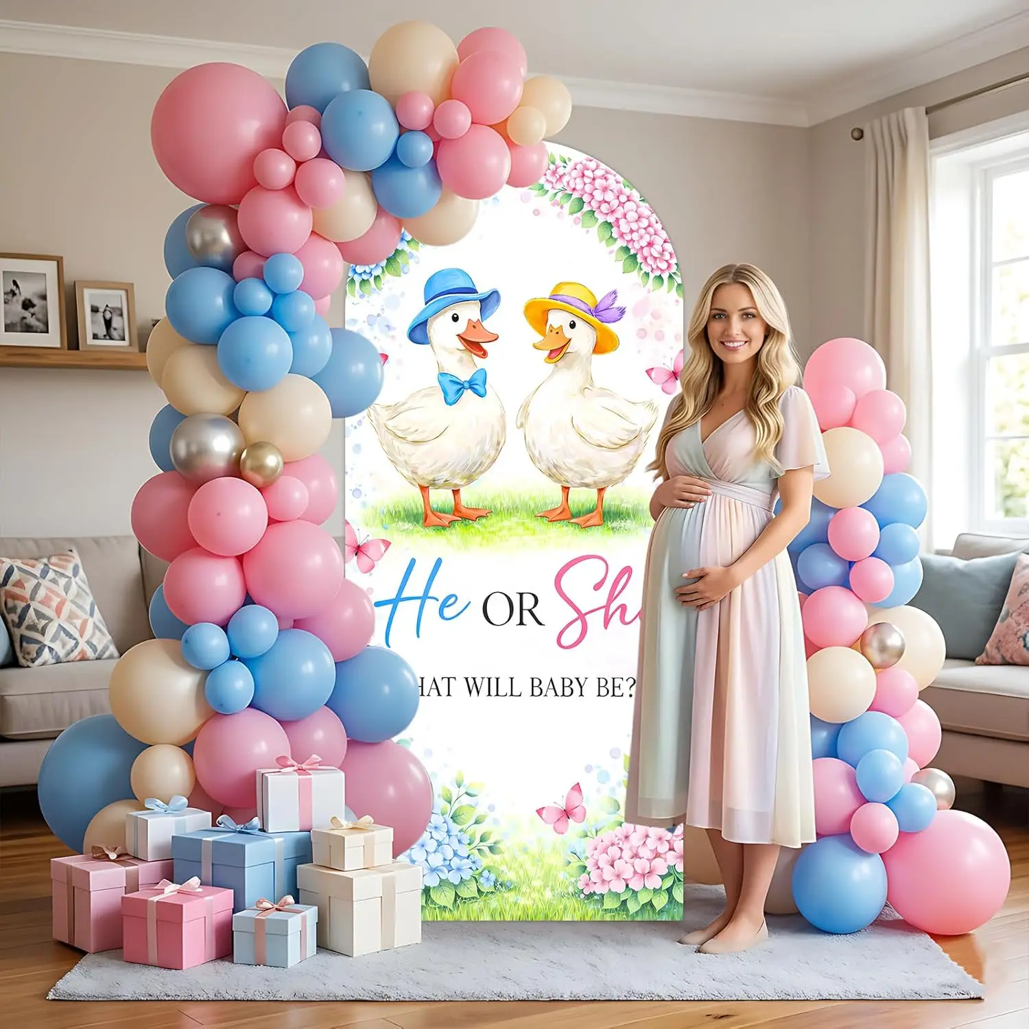 2-sided Duck Themed Gender Reveal Background He or She Newborn Party Decorations Goose Blue or Pink Chiara Arch Backdrop Cover