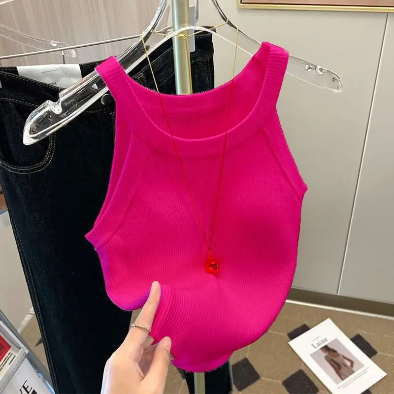 Y2k Knitted U-Neck Suspender Vest Women's Ice Silk Inner Wear Spicy Girl Camis Halter Retro Sleeveless Tank Crop Top image 3
