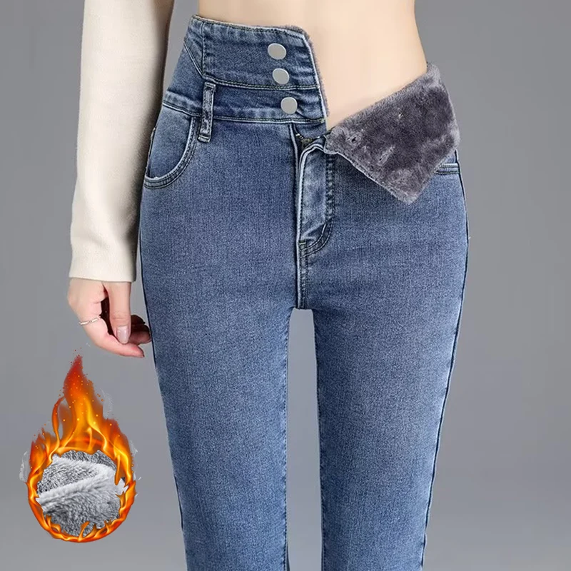 

Зимние женские утепленные джинсы с высокой талией для девочек, теплые плюшевые джинсовые брюки для девочек, прямые флисовые повседневные брюки для девочек