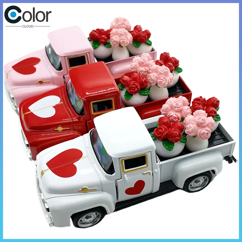 

Generic Vintage Alloy Pickup Truck Model 12.5cm Heart Decor With Flower Pots Wedding Valentine'S Day Desktop Home Decor Ornament