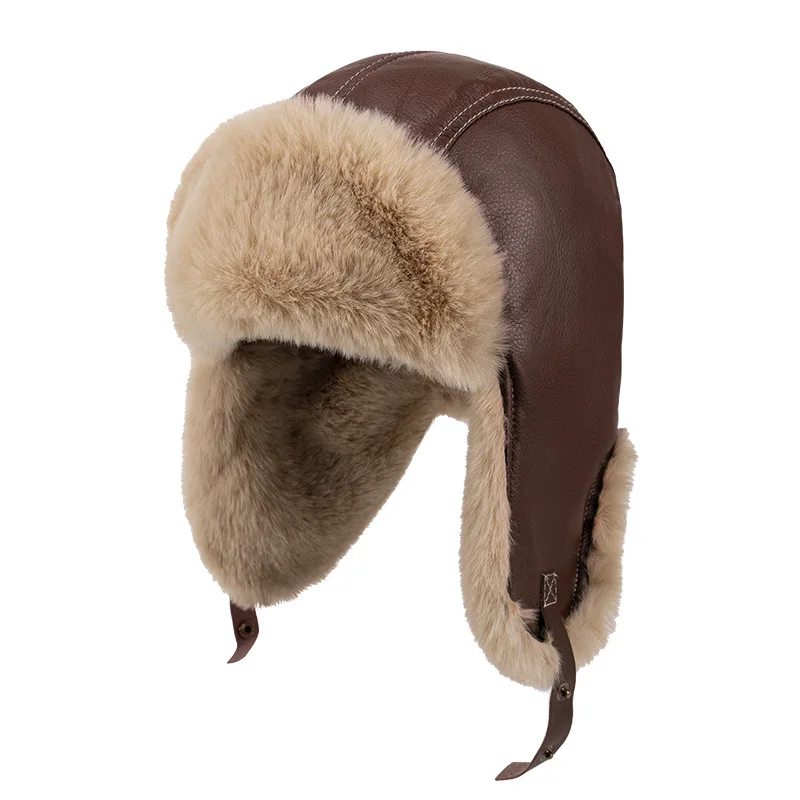 Gorro de piloto Retro, Protector de orejas grueso de invierno, gorra de locomotora, sombrero de bombardero de Material Pu para clima frío, Camping al aire libre