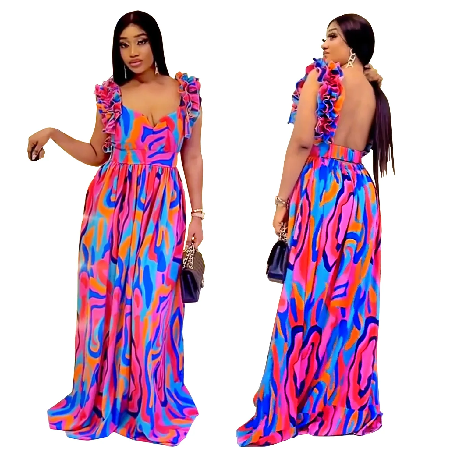 تخصيص المرأة الكبار مزاجه الأزياء الأوروبية والأمريكية أنيقة تكدرت حزام الكتف فستان سهرة مطبوع #5