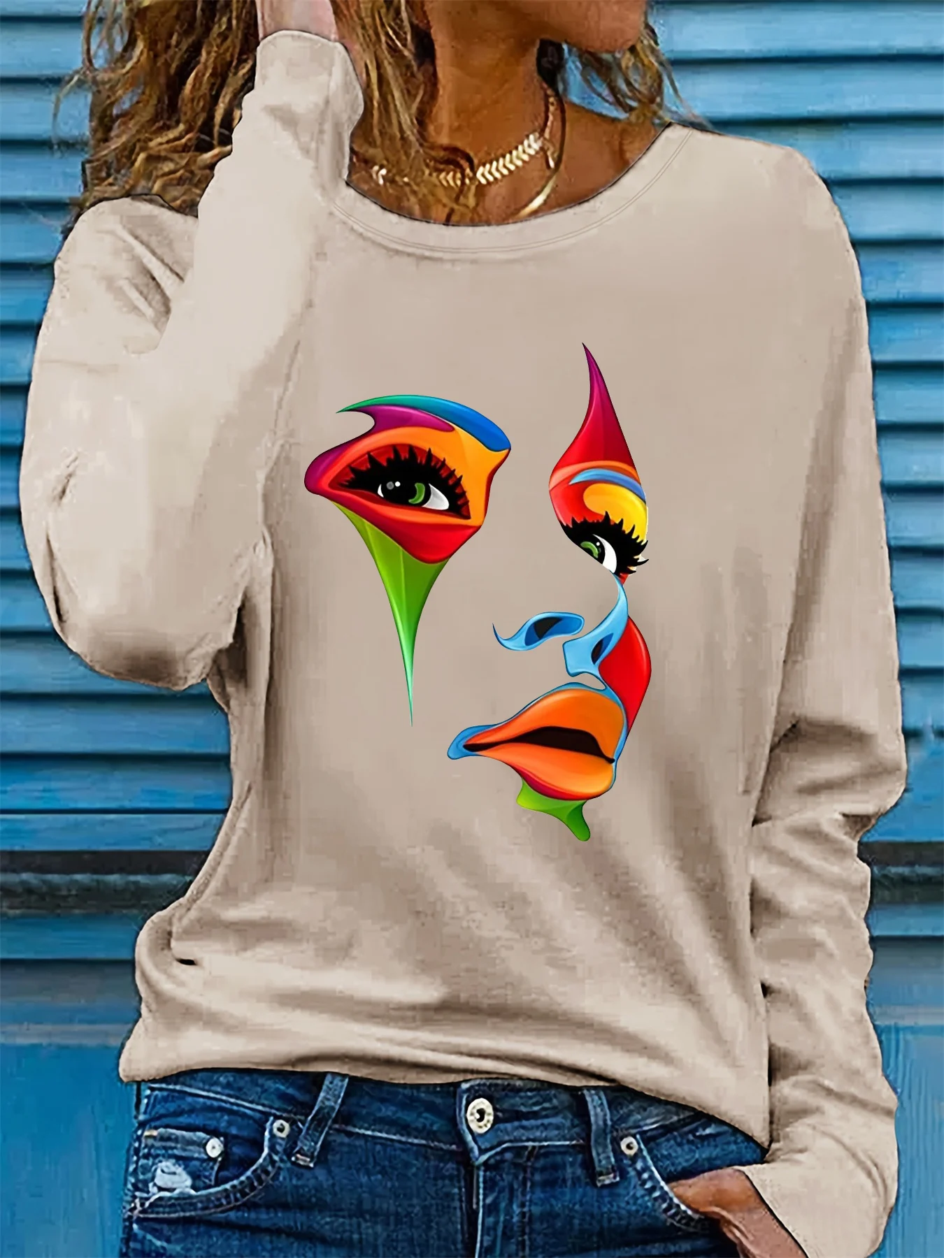 Autumn Face Graphic 3d Print Long Sleeve T-Shirt Women's Clothing Long Sleeve T-shirt Fashion Casual Oversized Tops Tees Female