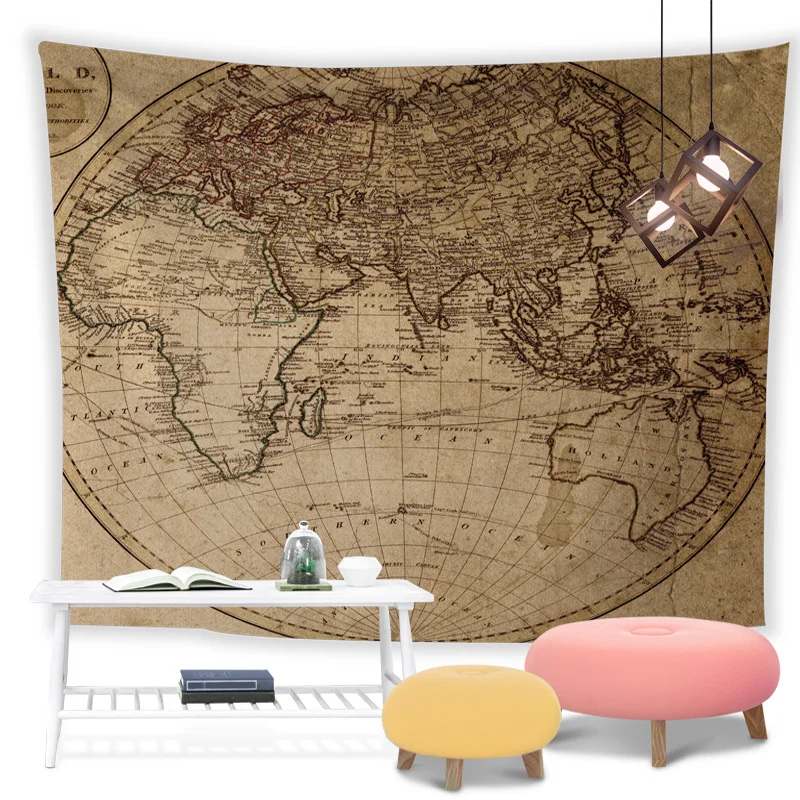 VIKAMA Polyester Vintage Map Wall Hanging World Map Nautical Tapestry for Bedroom Living Room Home Decor
