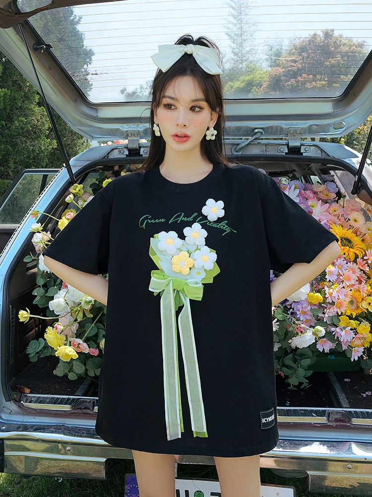 

Футболка IcyNude Store с узором «Букет цветов» для женщин, летняя новинка, свободный крой, смесь хлопка, топ-блузка