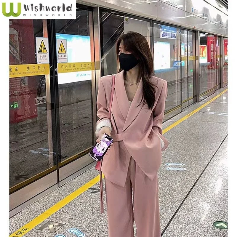 

Summer New Loose Asymmetric Jacket Blazer Casual Wide Leg Pants Two Piece Set Elegant Women's Pants Suit Office Set