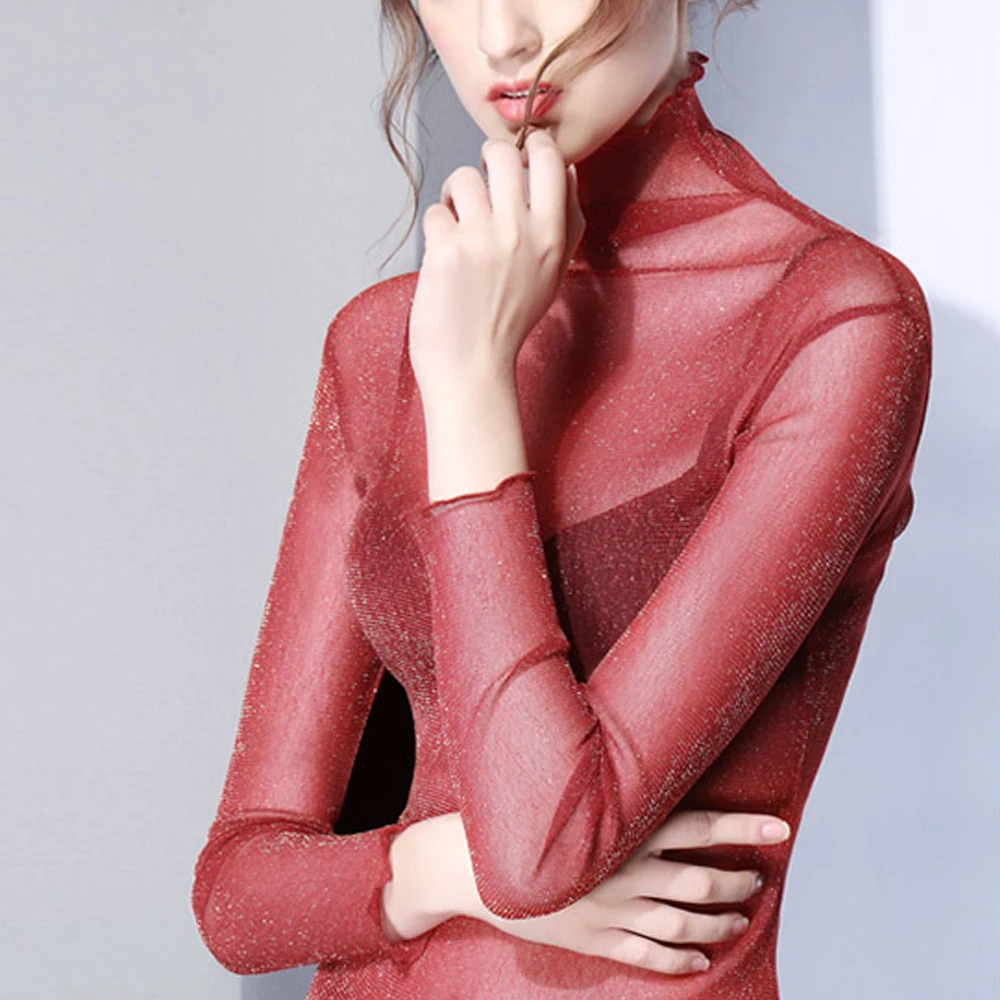 

Transparent Silver Shiny Lace T Shirt S-2XL Y2k Elastic Mesh Female Blouses Long sleeve Turtleneck Sexy Girl Shirts Tops Clothes