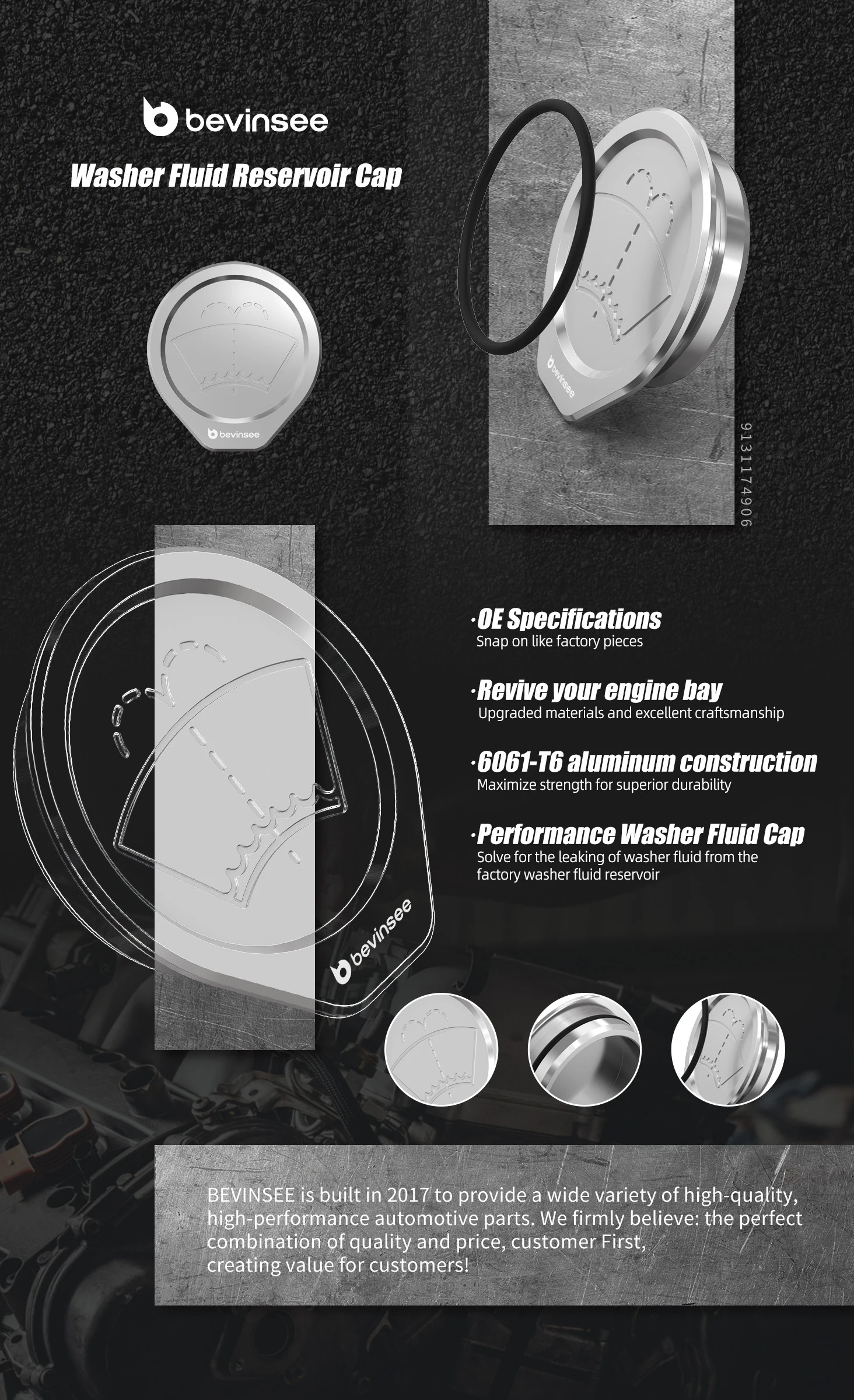 BEVINSEE Aluminium-Scheibenreinigerbehälterdeckel mit O-Ring für BMW E46 320d 330d 320i 323i 325i 330i, Ersatz für 61667007970 – Detail 5