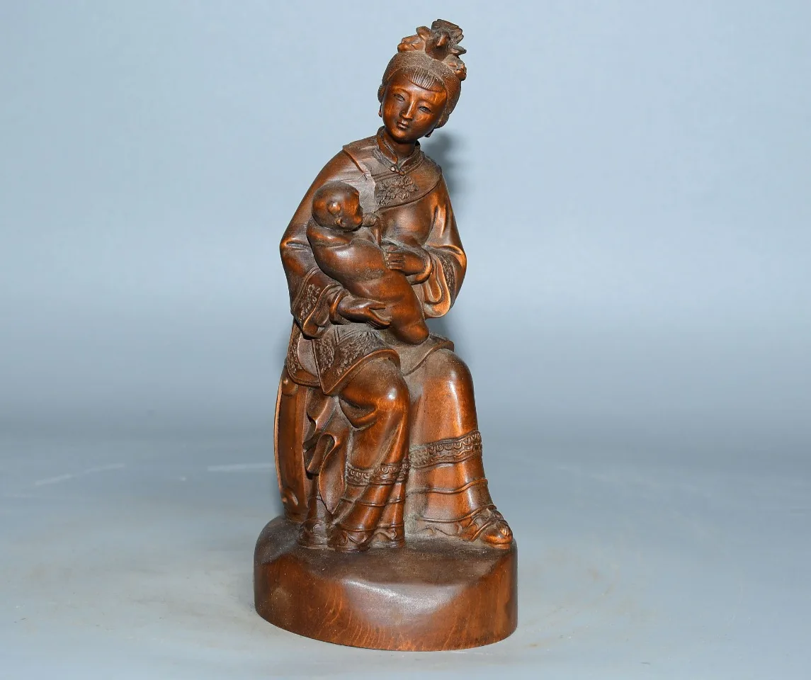 

6"Tibetan Temple Collection Old Boxwood Classical Beauty Breastfeeding Child Statue Mother son relationship Worship Hall