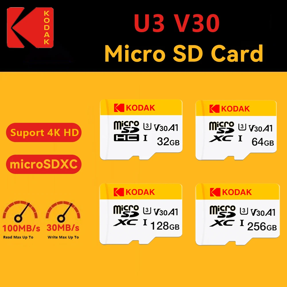 

KODAK Micro sd Card 32GB 64GB 128GB 256GB Microsd Memory Card Class10 U3 4K TF Card With Dash Cam Surveillance Smartphone