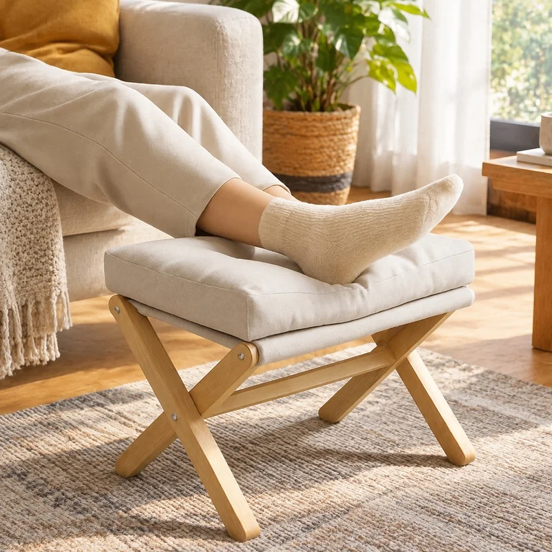Compact Wooden Footstool with Plush Cotton Pad, Foldable Design for Living Room and Hallway Seating